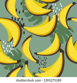 Fresh bananas and palm leaves background. Hand drawn overlapping backdrop. Colorful wallpaper vector. Seamless pattern with fruits. Decorative illustration, good for printing