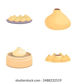 Fresh baozi icons set cartoon vector. Baozi with bamboo steamer basket. Asian food