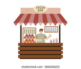 Fresh bar, a smiling salesman with a glass of freshly squeezed juice in his hand behind a wooden counter of a street stall, a kiosk with a striped canopy, shelves with fruit and bottles on the