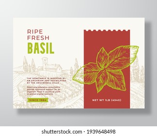 Fresh Basil Food Label Template. Abstract Vector Packaging Design Layout. Modern Typography Banner with Hand Drawn Herb Branch and Rural Landscape Background. Isolated.