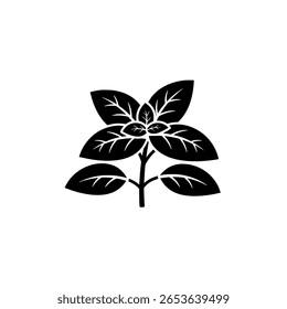 Um manjericão fresco em uma silhueta preta sólida simples. Um ícone de ervas minimalista para cozinha italiana, menus de restaurantes ou marca de comida.