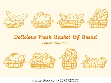 Fresh Basket of Bread Clipart Collection Warm and Rustic Design For Bakery and Food Illustration