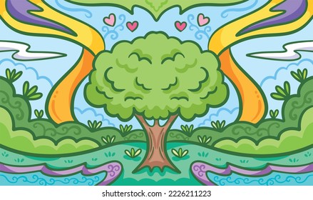Fresh and beautiful tree natural themed vector background. Greenery wallpaper for poster or website backdrop with cartoon flat art style and clean line art. Colorful drawing with love earth theme.
