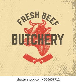 fresh beef. Butchery. Hand drawn cow head on grunge background. Design elements for restaurant menu, poster, emblem, sign. Vector illustration.