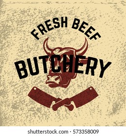 fresh beef. Butchery. Hand drawn cow head on grunge background. Design elements for restaurant menu, poster, emblem, sign. Vector illustration.