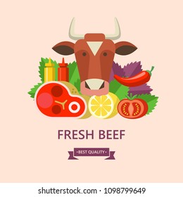 Fresh beef. Delicious steak, Basil leaves, lemon, tomato, ketchup and mustard. The head of a cow. Premium quality beef. Vector illustration.