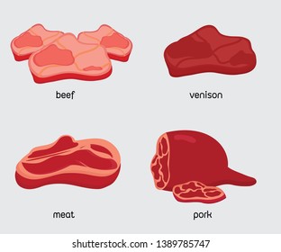 Fresh beef, meat, pork, venison slices vector set 