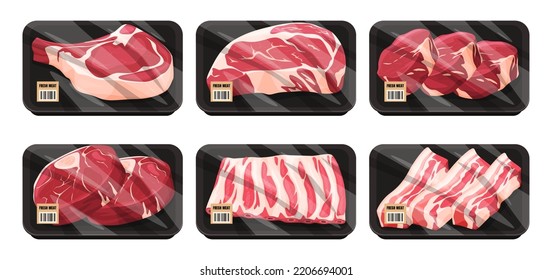 Frisches Rindfleisch und Schweinefleisch in Verpackungen. Sortiertes Fleisch zum Verkauf. Vektorgrafik