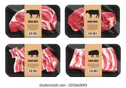 Fresh beef and pork in packaging. Sorted meat for sale. Vector illustration