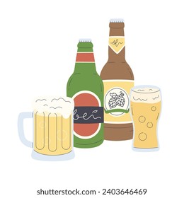 Fresh beer in bottles, mug and glass with foamy. Flat cartoon style vector illustration isolated on white background