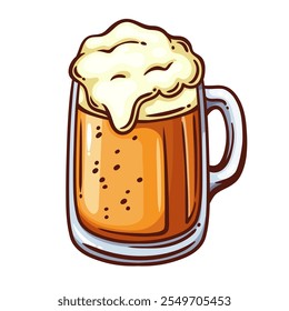 Icono de línea de taza de vidrio de cerveza fresca. Esquema dibujado a mano vintage transparente taza de cerveza artesanal con mango y espuma, burbujas. Mascota del menú de Oktoberfest, Ilustración vectorial fría del icono del color de la cerveza