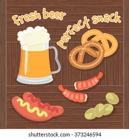 Fresh Beer and Perfect Snack. Shrimp, pizza, pistachios, pretzels and sausages with mustard and ketchup to beer