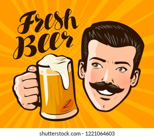 Fresh beer, poster. Alcoholic beverage, pub concept. Pop art retro comic style. Cartoon vector illustration
