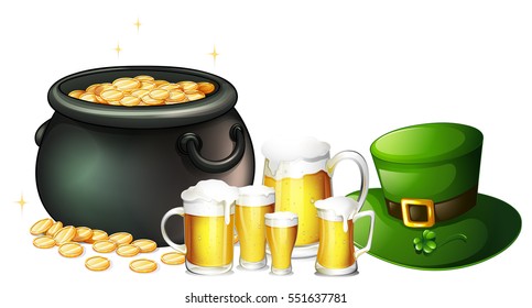 Fresh beer and pot of gold for St Patrick day illustration