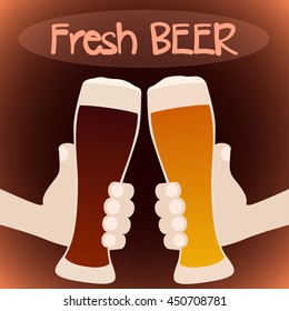 Fresh beer. Two cartoon hands holding beer glasses. Vector illustration