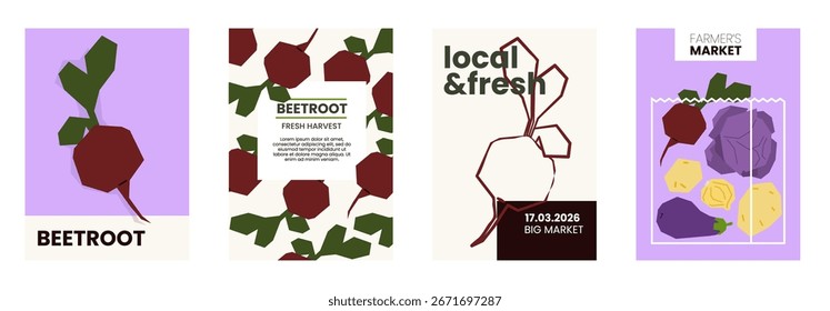 Ilustração de beterraba fresca. Cartazes simples com raiz vegetal para a propaganda de mercado dos agricultores. Modelos de vetor com copyspace. Conjunto de legumes de salada colhidos em estilo desenhado à mão mínima. 