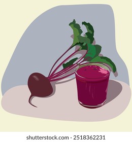 Fresh beetroot with leaves and beetroot juice in a glass