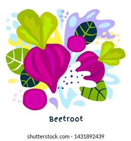 Fresh beetroot vegetable juice splash organic food juicy beet vegetables splatter on abstract background vector hand drawn illustrations