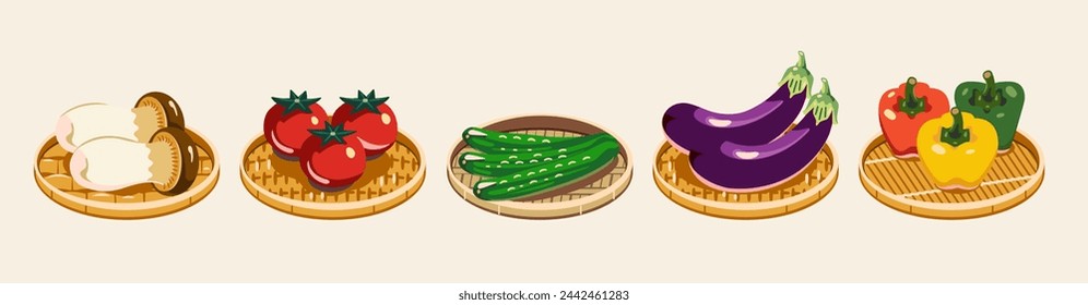 Fresh bell pepper, eggplant, cucumber, tomato and king oyster mushroom placed in bamboo baskets. Vector illustration. Fresh, healthy and organic food.