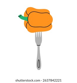 Fresh bell pepper pierced on fork. Minimal food concept symbolizing freshness, cooking and healthy eating. Organic farm vegetable. Vector illustration