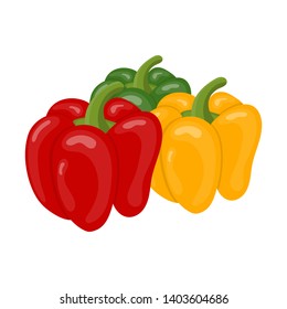 Fresh bell pepper vegetables isolated on white background. Green, yellow, red pepper icons for market, recipe design. Cartoon style. Vector illustration for design.