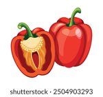 Fresh bell pepper whole and half in cartoon style. Vector illustration of red, juicy and tasty whole and half bell peppers with seeds isolated on a white background. Useful vegetables.