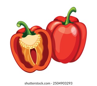 Fresh bell pepper whole and half in cartoon style. Vector illustration of red, juicy and tasty whole and half bell peppers with seeds isolated on a white background. Useful vegetables.