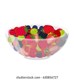 Fresh berries in cup. Raspberry, blackberry, gooseberry, red currant, black currant, cherry and blueberry. Made in cartoon flat style.