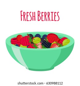 Fresh berries in cup. Raspberry, blackberry, gooseberry, red currant, black currant, cherry and blueberry. Made in cartoon flat style.
