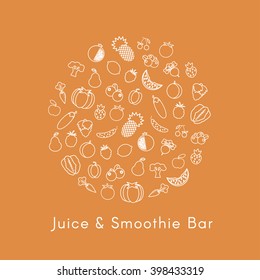 Fresh Berries, Fruits and Vegetables Icons in Thin Line Style. Juice and Smoothie Bar Design Template for restaurant menu, promotion, voucher, healthy and vegetarian food. Flat vector illustration. 
