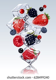 fresh berries in ice cubes