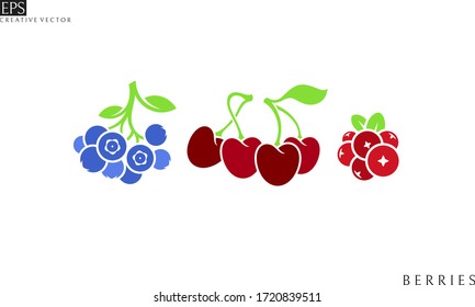 Fresh berries. Isolated cranberry blueberry and cherry with leaves on white background. Vegetarian food
