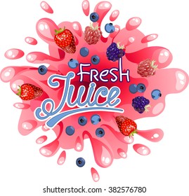 Fresh  berries juice. Pink vector banner with text.