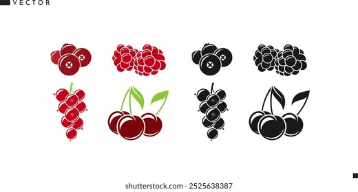 Bagas frescas com folhas. groselha isolada de framboesa amora e cereja. Sinal de fruta natural. Vetor de bagas vermelhas
