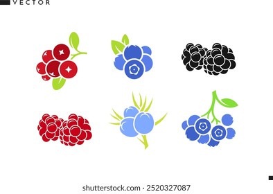 Bayas frescas con hojas de Vector. Icono de fruta brillante. Frambuesa aislada, arándano y baya de enebro. Signo de fruta orgánica