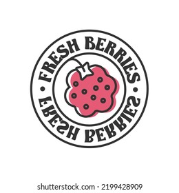 Fresh berries organic raspberry label food sticker and element. Fresh berries inscription on cirle isolated on white background. Cute raspberry art icon