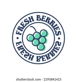 Fresh berries organic vino labels food stickers and elements. Fresh berries inscription on cirle isolated on white background. Cute green grape art icon