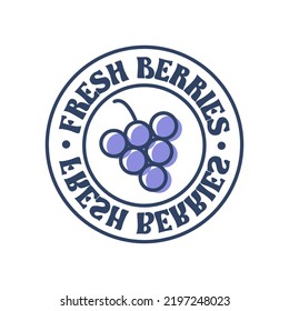 Fresh berries organic vino labels food stickers and elements. Fresh berries inscription on cirle isolated on white background. Cute purple grape art icon