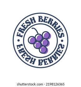 Fresh berries organic vino labels food stickers and elements. Fresh berries inscription on cirle isolated on white background. Cute purple grape art icon	
