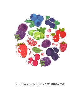 Fresh berries round concept with ripe raspberry, blackberry, strawberry, gooseberry, currant, blueberry, cherry on white background. Natural organic farming, vegetarian nutrition vector illustration.