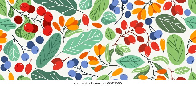 Fresh berries seamless background, different forest wild berries tiling wallpaper, elements easy to use separately.