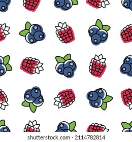 Fresas frescas frambuesas sin soldadura, arándanos azules sobre el fondo blanco aislado. Ilustración de estilo plano