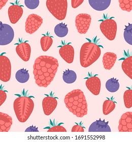 Fresh berries seamless pattern, strawberries, raspberries, blueberries on the pink isolated background. Flat style illustration