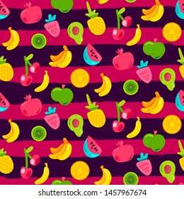 Fresh Berries Summer Fruits Mix Seamless Pattern. Bright Painted Pineapple, Orange Backdrop. Funny Cherries Kiwi and Avocado with Black Outline. Kid Print. Cartoon Flat Vector Illustration