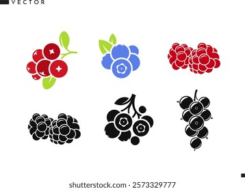 Fresh berries vector. Isolated raspberry blackberry blueberry cranberry and berry with leaves. Vegan food silhouette  