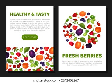 Fresh berries web banner and card set. Healthy tasty organic food landing page, promotional leaflet cartoon vector