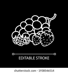 Fresh berries white linear icon for dark theme. Ripe grape. Raspberry and strawberry. Thin line customizable illustration. Isolated vector contour symbol for night mode. Editable stroke