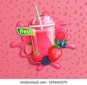 Fresh berry blend juice with slice berries, splash and aptetic drops on background.Strawberries, blueberries, raspberries and blackberries for smoothie for brand, logo,template, label, emblem, package