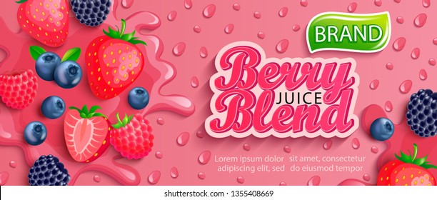 Fresh berry blend juice splash banner with apteitic drops from condensation.Strawberries,blueberries,raspberries and blackberries background for brand,logo,template,label,emblem,packaging,advertising.