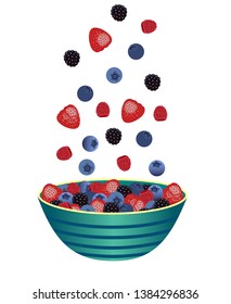 Fresh berry salad in a turquoise bowl isolated on white background. A concept of healthy, organic and sports nutrition. Vector illustration of falling berries and nuts.